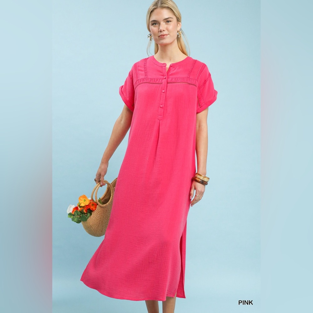 Umgee Button-Front Gauze Midi Dress with Lace Detail